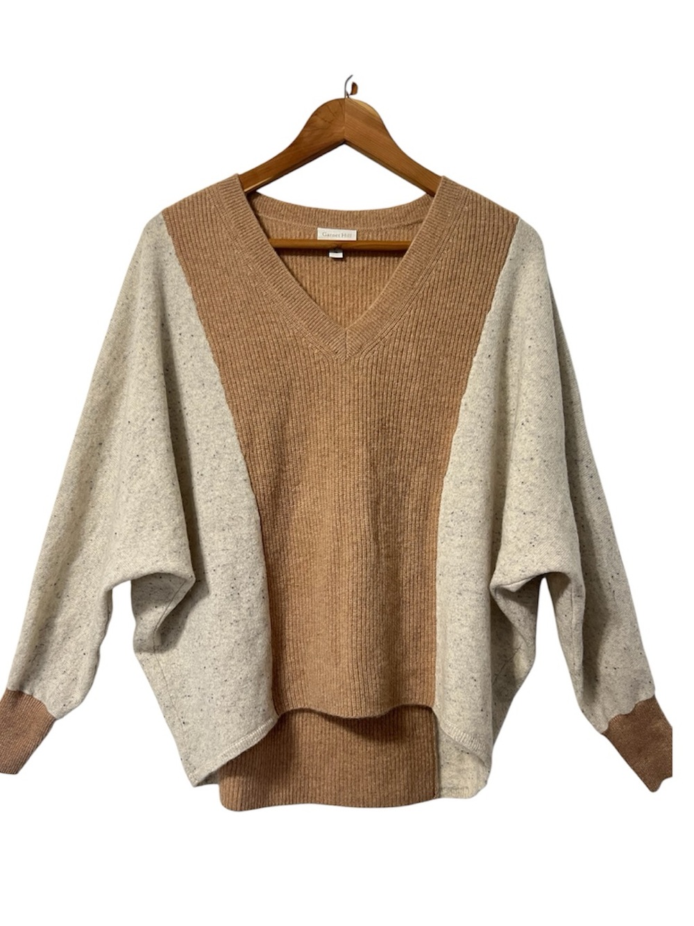 Garnet Hill Cashmere Gray Camel Dolman Sleeves V-Neck Contemporary Sweater XS